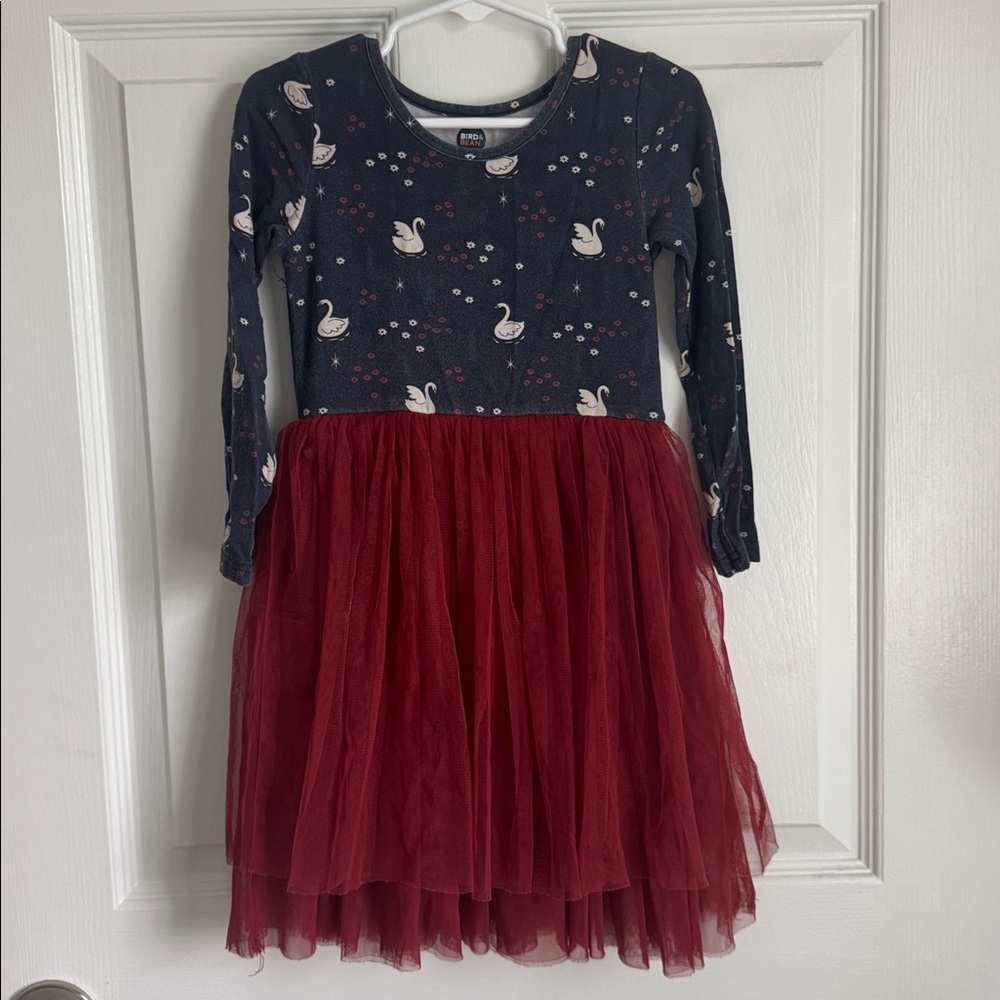 Navy and Burgundy Swan Print Dress